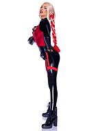 Joker, maskerad-jumpsuit med långa ärmar, dragkedja på framsidan, spännen och inbyggda strumpebandshängslen